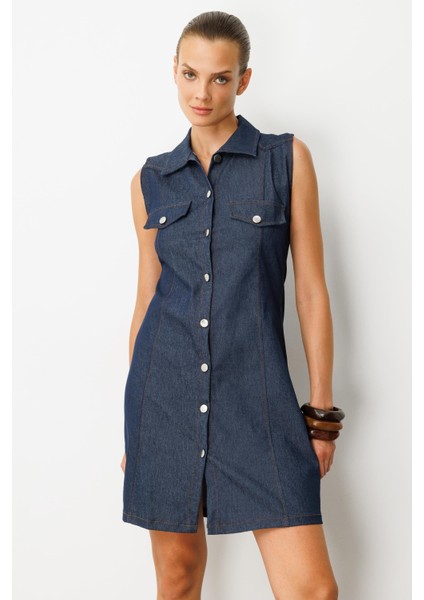 Düğme Detaylı Kot Elbise-Mavi