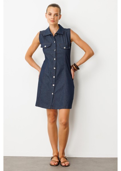 Düğme Detaylı Kot Elbise-Mavi fiyatları