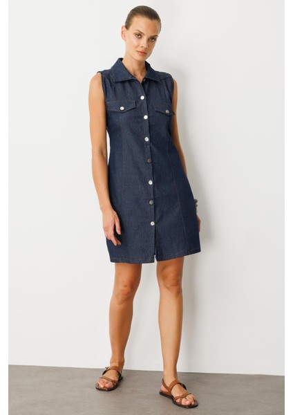 Düğme Detaylı Kot Elbise-Mavi fırsatları