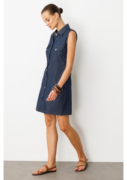 Düğme Detaylı Kot Elbise-Mavi