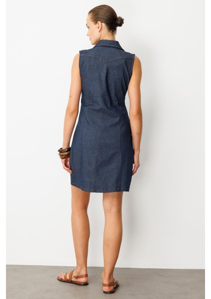 Düğme Detaylı Kot Elbise-Mavi