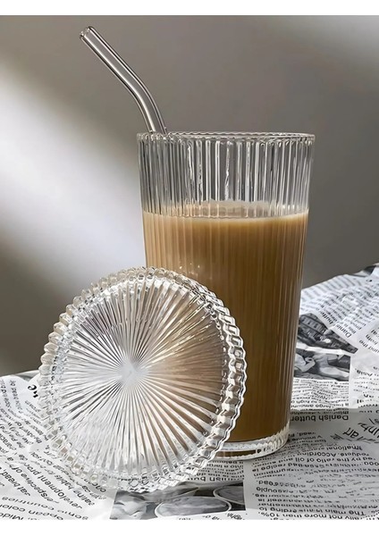 Cam Kapaklı Pipetli Cam Sunum Bardağı, Isıya Dayanıklı Bardak, Kahve Bardağı (400 Ml)