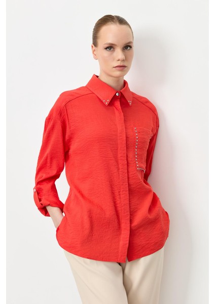 Yaka ve Cep Detaylı Gömlek-Oranje fiyatları