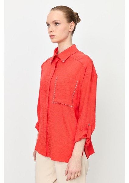 Yaka ve Cep Detaylı Gömlek-Oranje modelleri