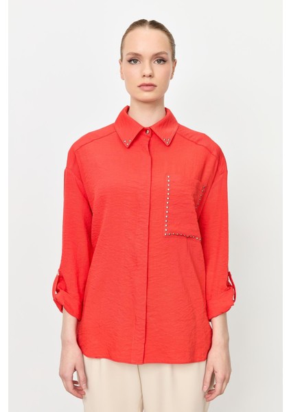 Yaka ve Cep Detaylı Gömlek-Oranje indirimleri