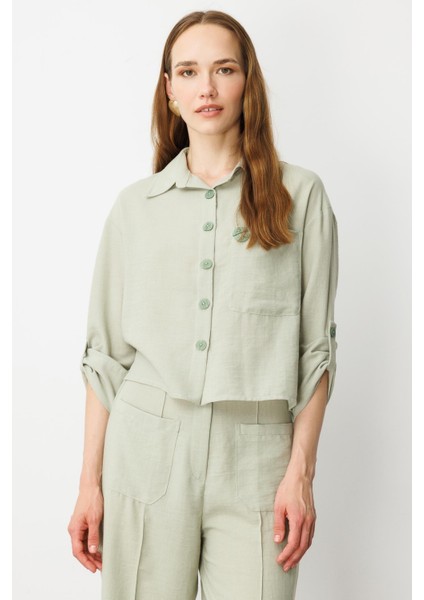 Keten Görünümlü Oversize Kısa Gömlek-Su Yeşili