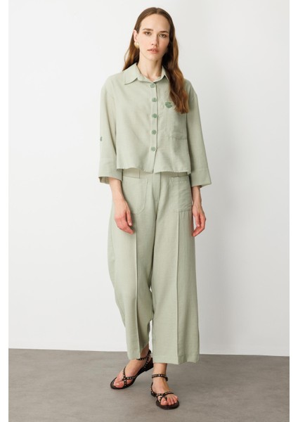 Keten Görünümlü Oversize Kısa Gömlek-Su Yeşili fiyatları