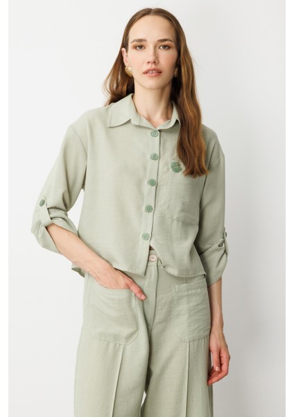 Keten Görünümlü Oversize Kısa Gömlek-Su Yeşili modelleri