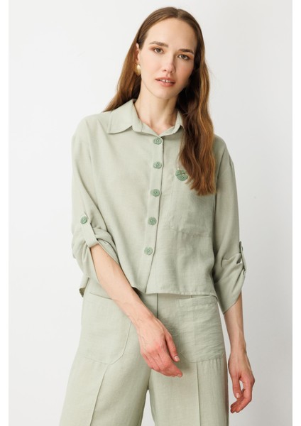 Keten Görünümlü Oversize Kısa Gömlek-Su Yeşili fırsatları