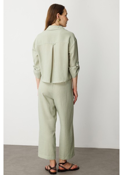 Keten Görünümlü Oversize Kısa Gömlek-Su Yeşili