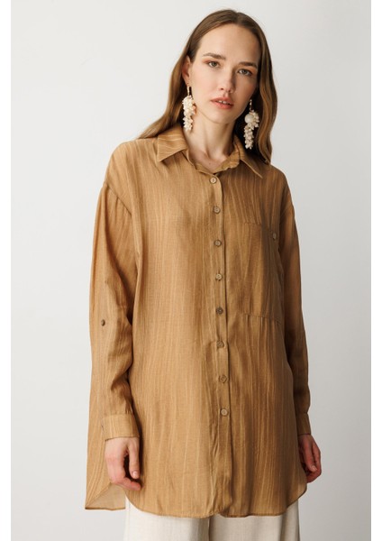 Cep Detaylı Oversize Gömlek Tunik-Camel fırsatları