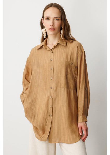 Cep Detaylı Oversize Gömlek Tunik-Camel indirimleri
