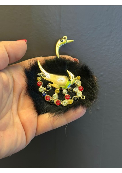 Çelik Zirkon Taşlı Tüğlü Kuğu Broş Yaka Iğnesi 10X8 cm