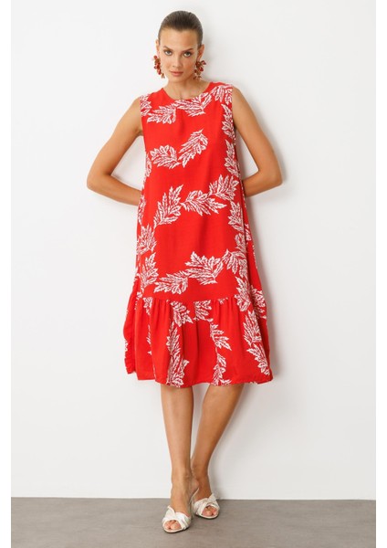 Etek Ucu Volanlı Desenli Elbise-Kırmızı fiyatları