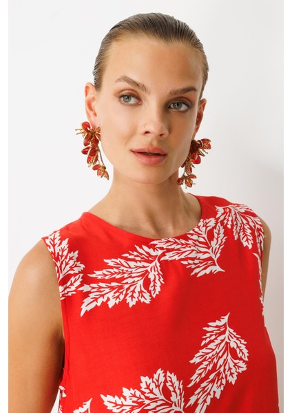 Etek Ucu Volanlı Desenli Elbise-Kırmızı indirimleri