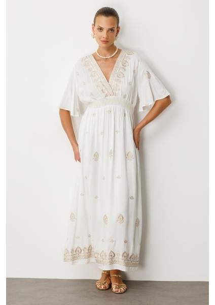 Etnik Desen Işlemeli Uzun Elbise-Ekru