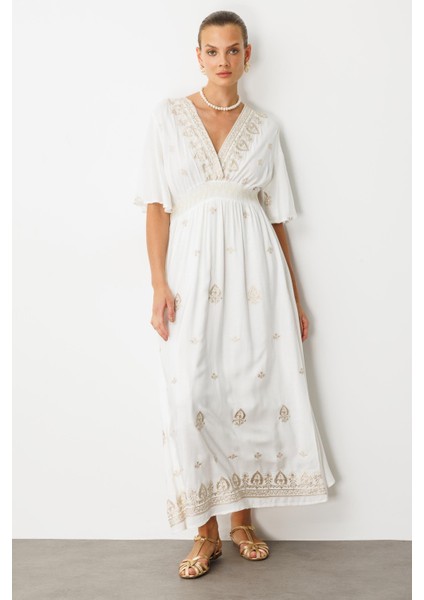 Etnik Desen Işlemeli Uzun Elbise-Ekru modelleri