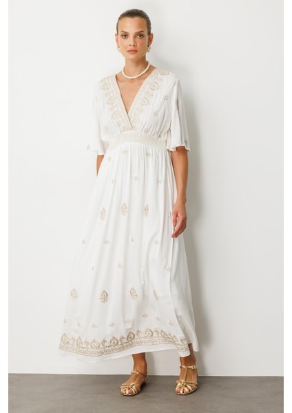 Etnik Desen Işlemeli Uzun Elbise-Ekru indirimleri