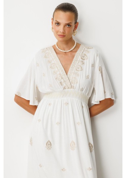 Etnik Desen Işlemeli Uzun Elbise-Ekru