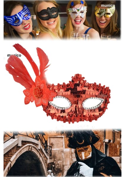 3 Adet Şık Kırmızı Maske – Tüylü ve Pullu Tasarım, Yetişkin Uyumu | Karnaval ve Sahne Performans