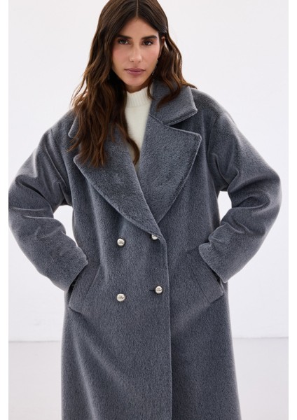 Düğme Detaylı Uzun Kaban - Antrasit indirimleri