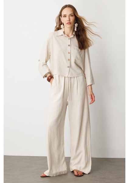 Düğme Detay Keten Görünümlü Gömlek-Taş