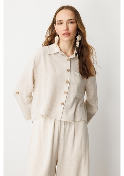 Düğme Detay Keten Görünümlü Gömlek-Taş fiyatları