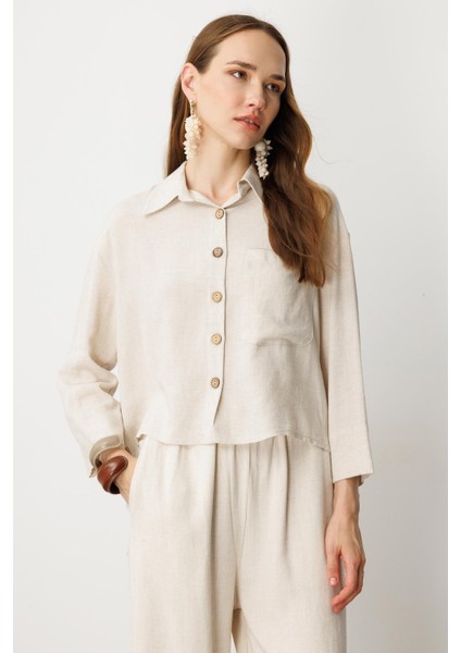 Düğme Detay Keten Görünümlü Gömlek-Taş modelleri