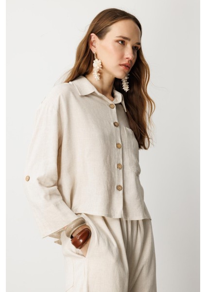 Düğme Detay Keten Görünümlü Gömlek-Taş fırsatları