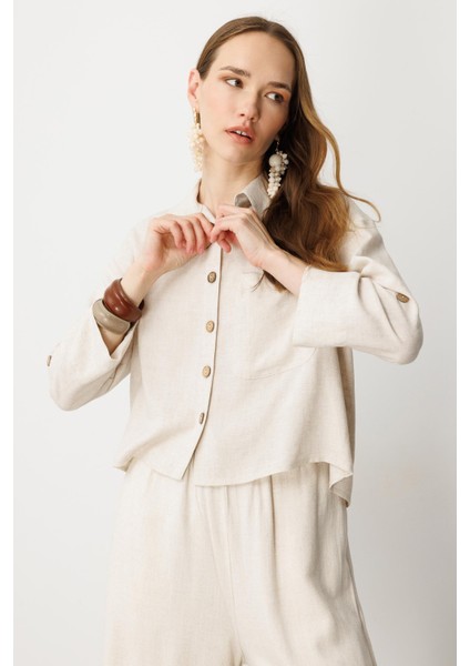 Düğme Detay Keten Görünümlü Gömlek-Taş indirimleri