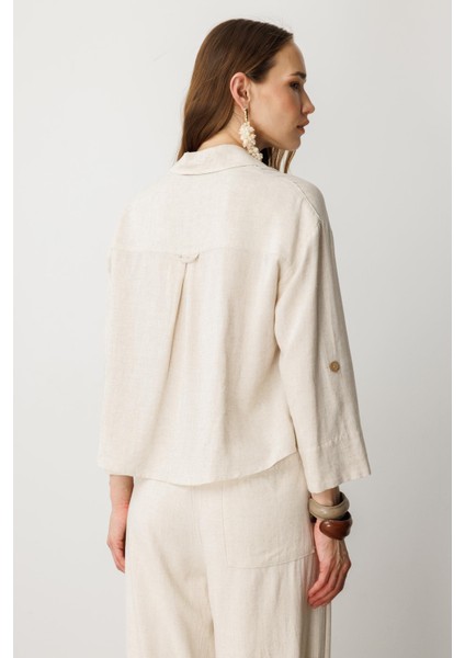 Düğme Detay Keten Görünümlü Gömlek-Taş