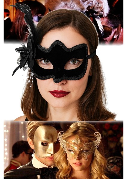 3 Adet Siyah Süet Kaplama Parti Maskesi Yandan Tüylü, Beyaz Incili | 30X33 cm Maskeli Balo Aksesuar