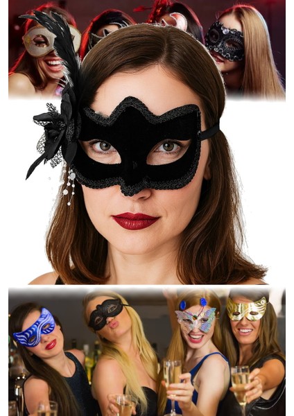 3 Adet Siyah Süet Kaplama Parti Maskesi Yandan Tüylü, Beyaz Incili | 30X33 cm Maskeli Balo Aksesuar fırsatları