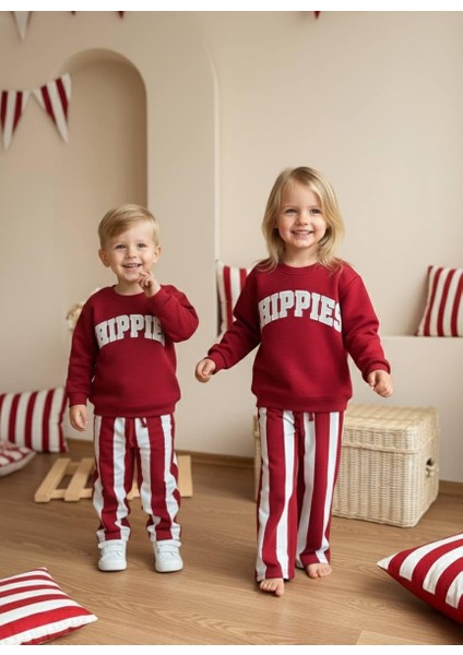 Chippies Kabartma Baskılı Kız - Erkek Çocuk 3 Iplik Alt Üst Takım Süper Kalite Fırçalı Kumaş Çizgili Detay Eşofman