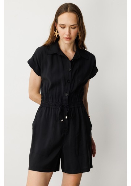 Beli Lastikli Kısa Tulum-Siyah fırsatları