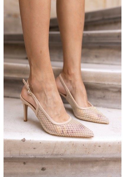 Julia Kadin Beyaz Taşli File Detali Topuklu Ayakkabi