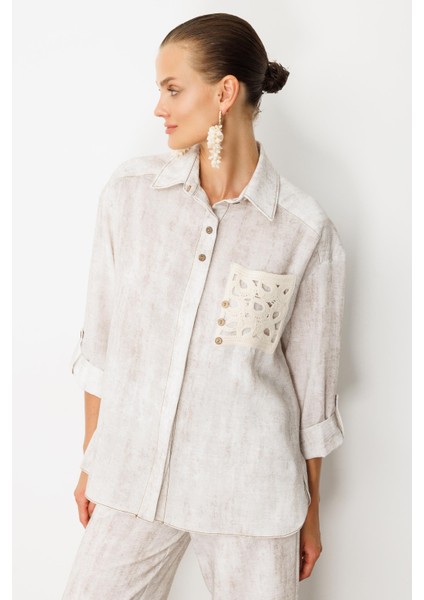 Örgü Cep Detay Keten Görünümlü Gömlek-Taş