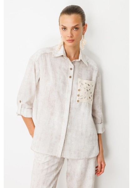 Örgü Cep Detay Keten Görünümlü Gömlek-Taş modelleri