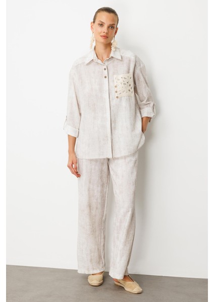 Örgü Cep Detay Keten Görünümlü Gömlek-Taş indirimleri