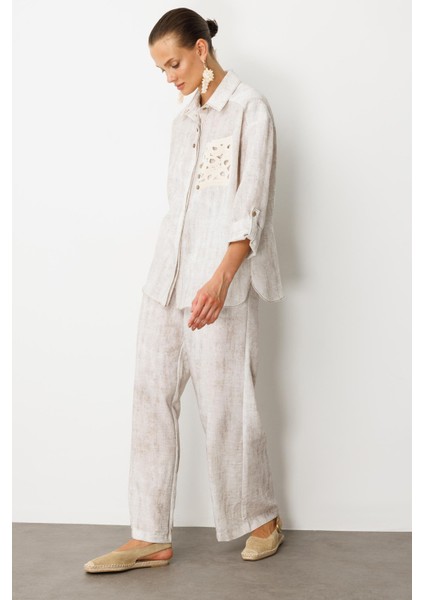 Örgü Cep Detay Keten Görünümlü Gömlek-Taş