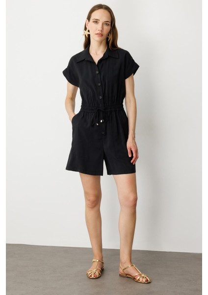 Beli Lastikli Kısa Tulum-Siyah