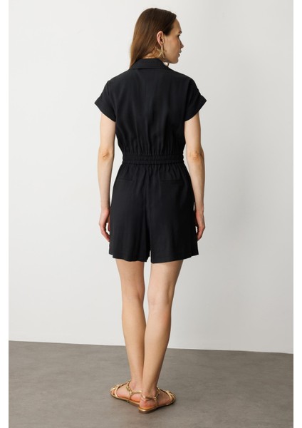 Beli Lastikli Kısa Tulum-Siyah