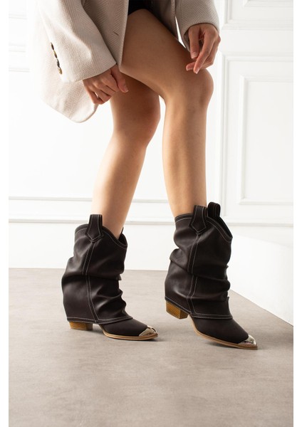 Sasilya Kadın Kovboy Bot Körüklü Burun Demirli Kahverengi Mat Deri