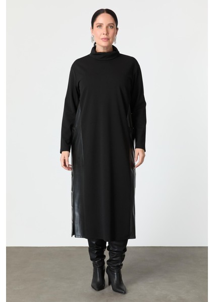 Büyük Beden Deri Detaylı Krep Elbise-Siyah