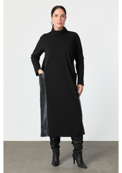 Büyük Beden Deri Detaylı Krep Elbise-Siyah fiyatları