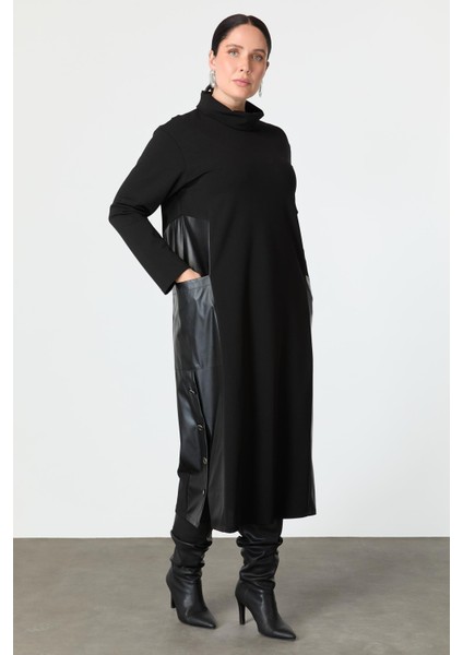 Büyük Beden Deri Detaylı Krep Elbise-Siyah modelleri