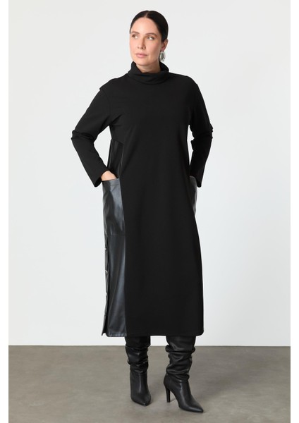 Büyük Beden Deri Detaylı Krep Elbise-Siyah fırsatları