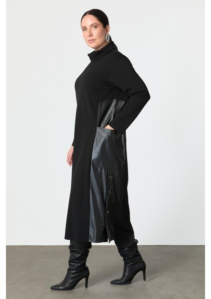 Büyük Beden Deri Detaylı Krep Elbise-Siyah indirimleri