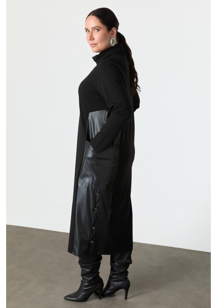 Büyük Beden Deri Detaylı Krep Elbise-Siyah