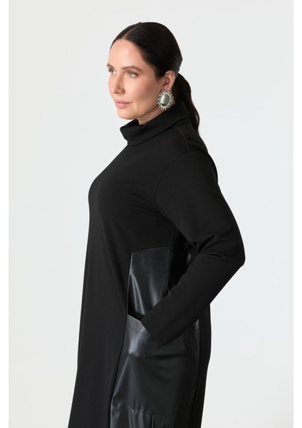 Büyük Beden Deri Detaylı Krep Elbise-Siyah